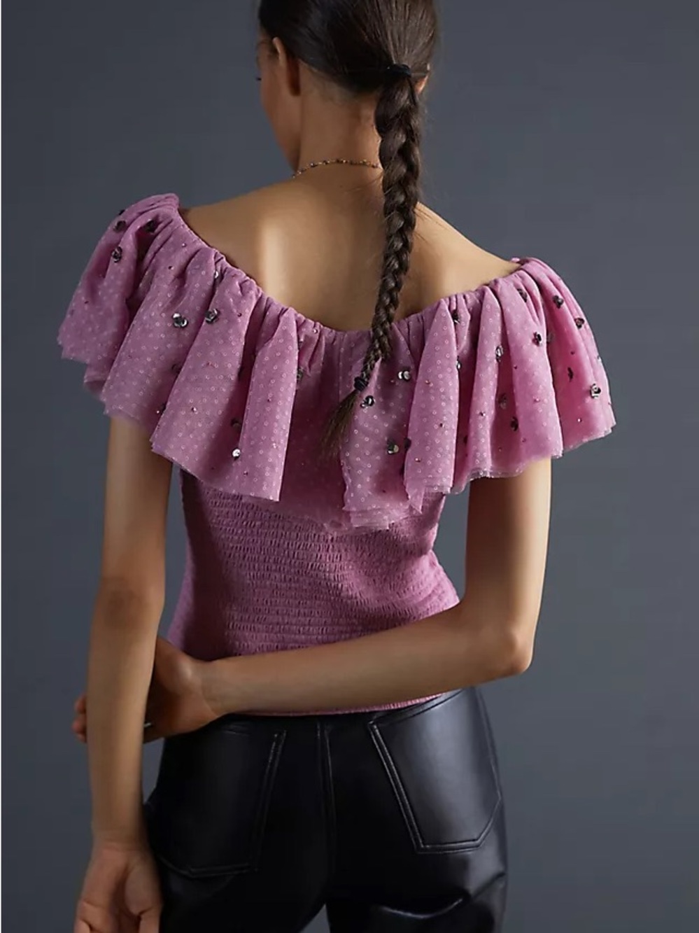 Maeve | L | Anthropologie Mauve Ruffled Puff-Sleeve Crop Top - Picture 2 of 4